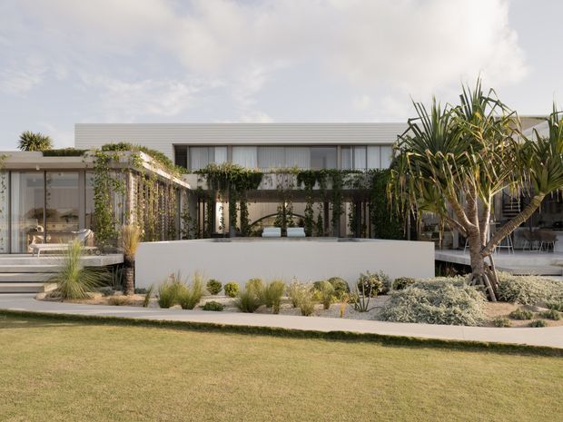 Contemporary low-profile residence with a horizontal metal-clad upper level, extensive glazing, a sheltered outdoor living area, and lush climbing greenery. A sculptural curved white wall and landscaped front garden with grasses and ornamental planting frame the house, creating a refined resort-like exterior.