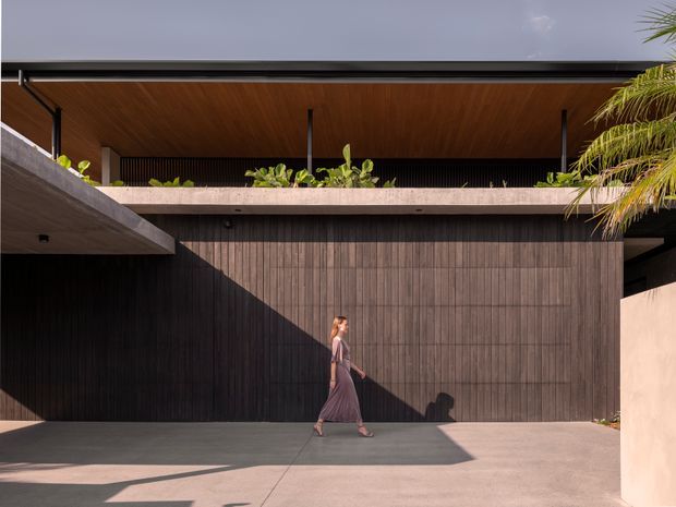 A contemporary multi-level building facade viewed from an open paved courtyard or driveway. The composition features dark vertical timber cladding, a broad timber-lined soffit, exposed concrete projecting slabs, slim black structural posts, and a planted upper-level terrace. Strong sunlight creates deep shadows across the facade and concrete ground, with a palm tree at the edge of the frame.