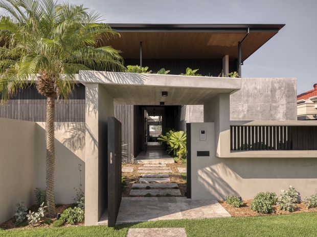 Front exterior of a contemporary two-storey residence with a broad flat roof, projecting concrete entry canopy, textured rendered walls, dark vertical screening and a recessed covered entry walkway. A landscaped front garden with palms, low planting and stepping stones frames the facade. Warm timber lining is visible beneath the roof overhang, while a neighbouring tiled roof appears at the right edge.