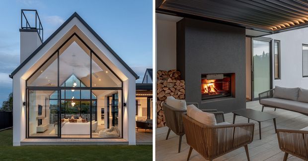 Split image showing a contemporary gable-roof house extension or living space with a dramatic glazed triangular facade on the left, and a refined covered outdoor living area with a built-in wood-burning fireplace, stacked firewood, timber-lined ceiling, and lounge seating on the right.