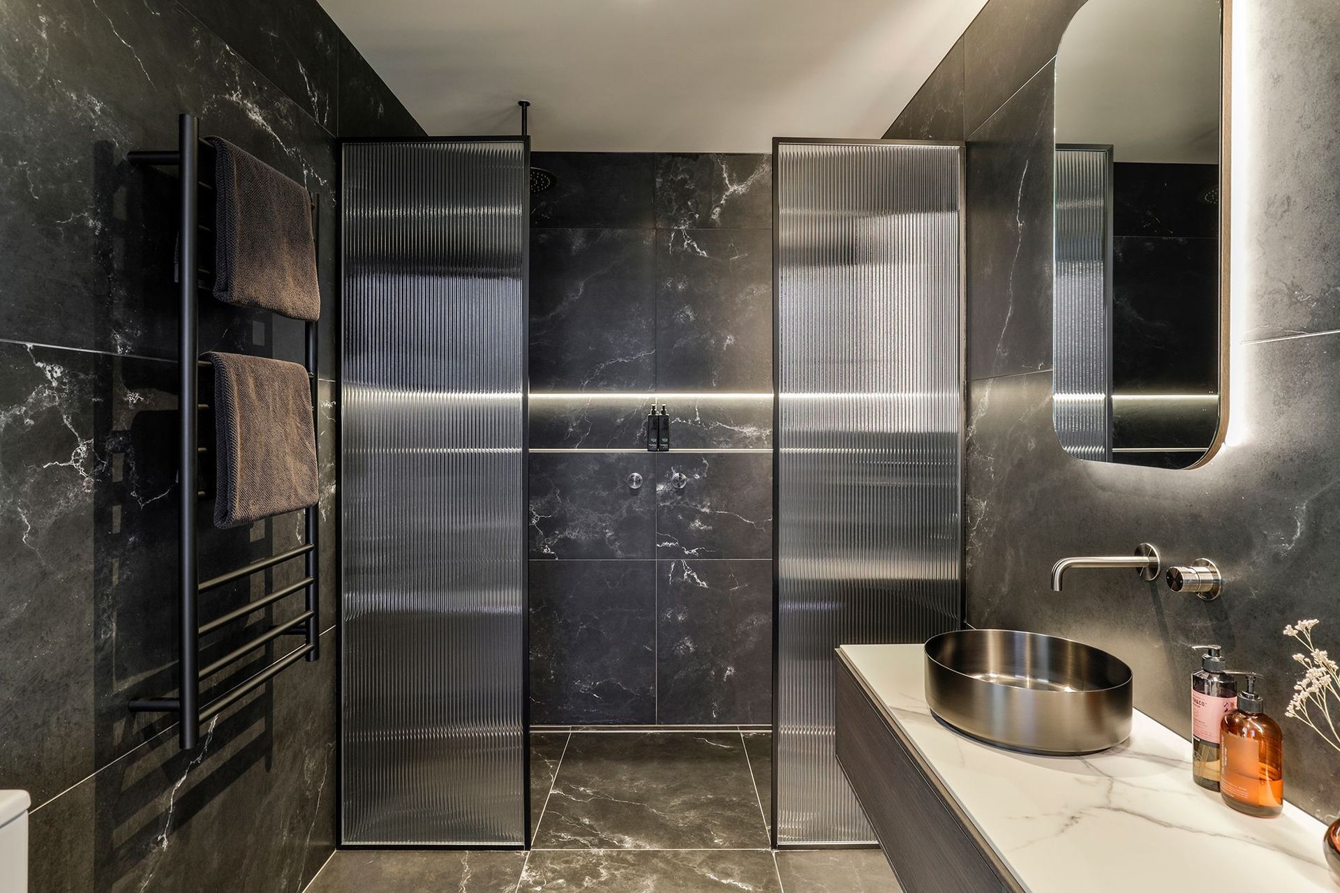 Design by Cube Dentro. Tile: Stardust Deep 750x1500mm. Stocked in 597x597mm