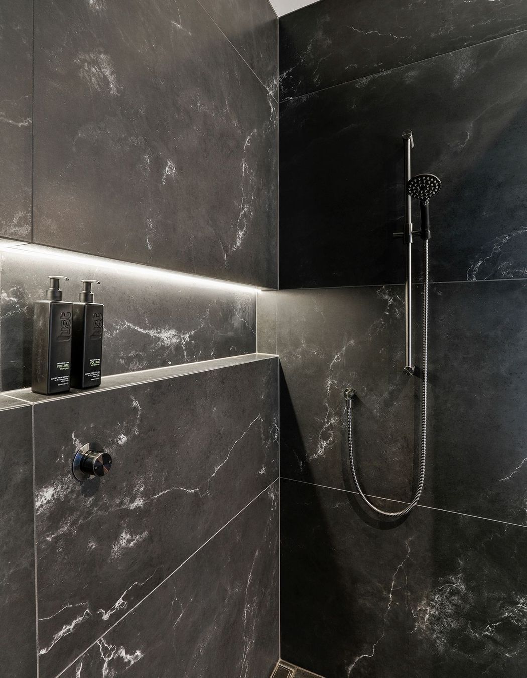 Design by Cube Dentro. Tile: Stardust Deep 750x1500mm. Stocked in 597x597mm