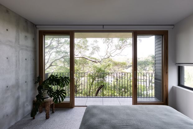 A calm contemporary bedroom viewed toward a balcony through wide timber-framed sliding glass doors. The room features a grey carpeted floor, a large upholstered bed in the foreground, a raw concrete feature wall with visible form-tie marks, white ceiling and walls, and a potted monstera plant. The balcony has dark metal balustrading, with leafy trees visible beyond.