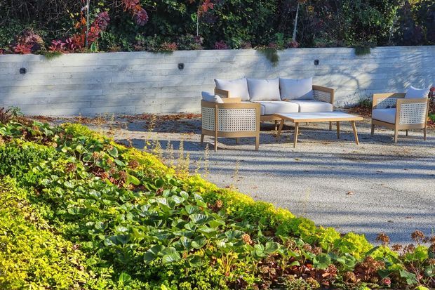 A landscaped outdoor courtyard or terrace with a pale gravel seating area, low contemporary outdoor lounge furniture, and a long horizontal rendered concrete retaining wall. Dense layered groundcover and planting border the foreground, with mature garden vegetation behind the wall. The scene is sunlit and natural, with a calm, refined garden atmosphere.