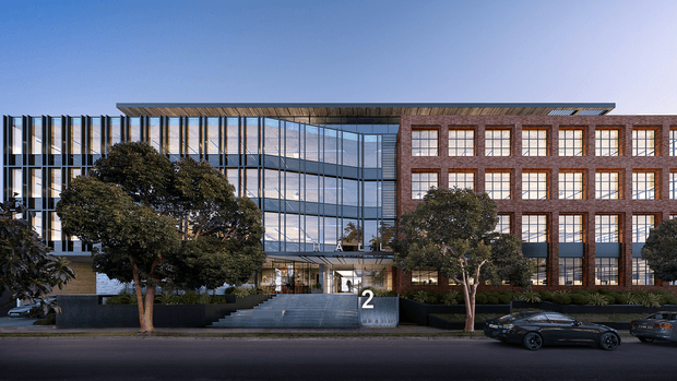 Street-facing architectural rendering of a contemporary multi-storey commercial building. The facade combines a glazed curtain-wall office wing with vertical fins and a rectilinear red-brown brick wing containing repeated square windows. A broad entrance stair, landscaped planters, mature trees, and parked cars occupy the foreground.