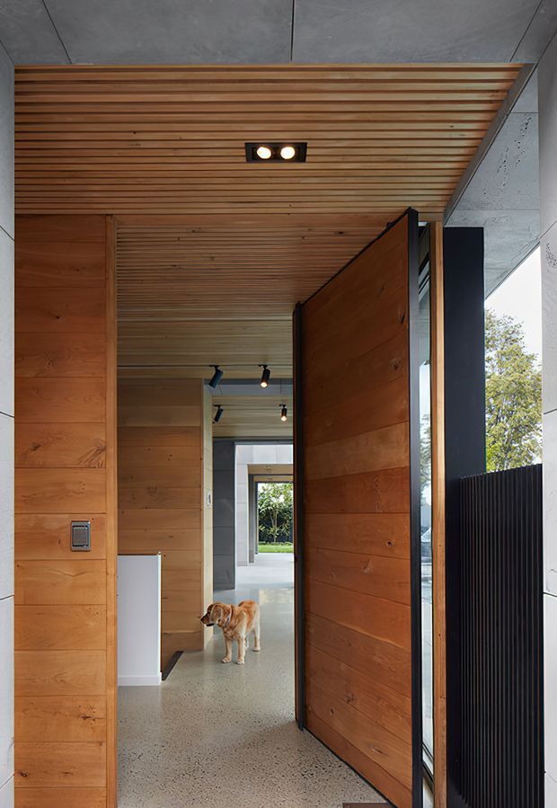 A contemporary residential entryway with a large pivot timber front door, extensive warm timber wall and ceiling lining, slim black framing, and a polished terrazzo-like speckled floor. The entry opens through to a bright hallway and landscaped garden beyond. A dog is visible in the background.
