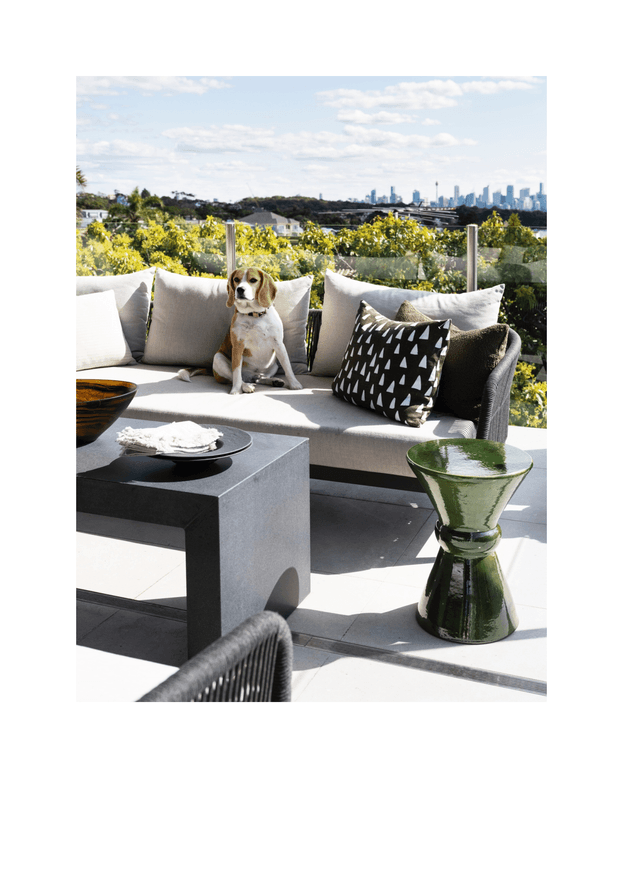 Bright outdoor terrace or balcony lounge furnished with a pale upholstered sofa, patterned cushions, a dark square coffee table, and a glossy green sculptural side table. A dog sits on the sofa. Glass balustrading and dense planted screening frame a distant urban skyline under a blue sky.