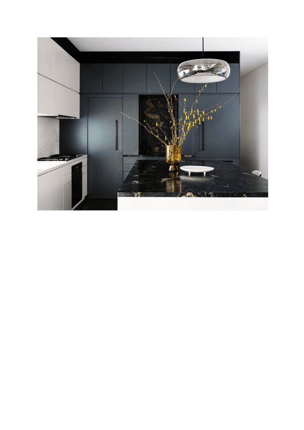 A refined contemporary kitchen with dark blue-grey full-height cabinetry, white cabinetry and splashback, integrated appliances, and a large black stone island benchtop. A sculptural chrome pendant light hangs above the island, while a gold-toned vase with branches provides a warm accent. The space has a compact, sophisticated, high-contrast composition.
