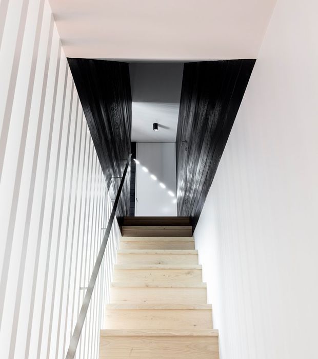 A minimalist interior stairway viewed from below, featuring pale timber treads, white walls, a slim metal handrail, and dramatic black vertical timber wall or ceiling lining framing the upper landing. Linear lighting creates a strong graphic effect.