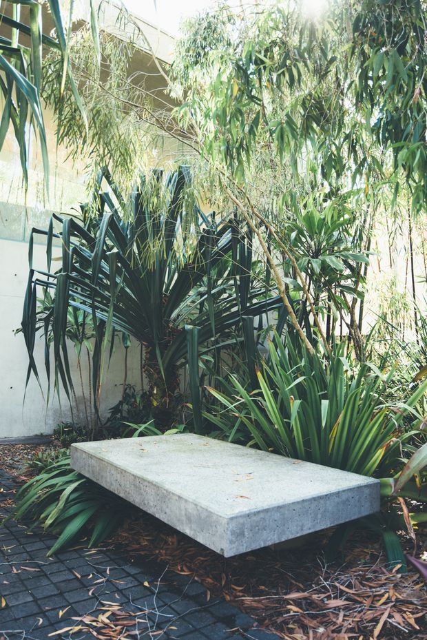 A lush landscaped courtyard or garden corner with dense tropical and architectural planting surrounding a simple rectangular floating concrete bench or plinth. Dark square pavers cover the ground, while a pale rendered wall and partial building structure form the background. The scene has a natural, secluded, contemporary outdoor character.
