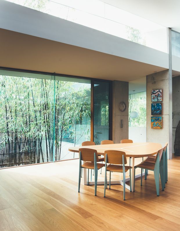 A bright, contemporary dining area with a large oval timber dining table and matching mid-century-inspired chairs. The room has warm timber flooring, expansive floor-to-ceiling glazing overlooking dense greenery, exposed concrete wall elements, and a double-height or void-like open volume with a clerestory/skylight above. Minimal decor includes colourful framed artwork and a sculptural wall piece.