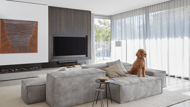 A bright contemporary living room with a large grey sectional sofa, a dog, slim nesting side tables, a wall-mounted television, and a linear fireplace set into a dark vertical-slatted feature wall. Full-height sheer curtains line the glazed corner, bringing in abundant natural light. Neutral textiles, pale flooring, and abstract wall art create a refined, calm interior.