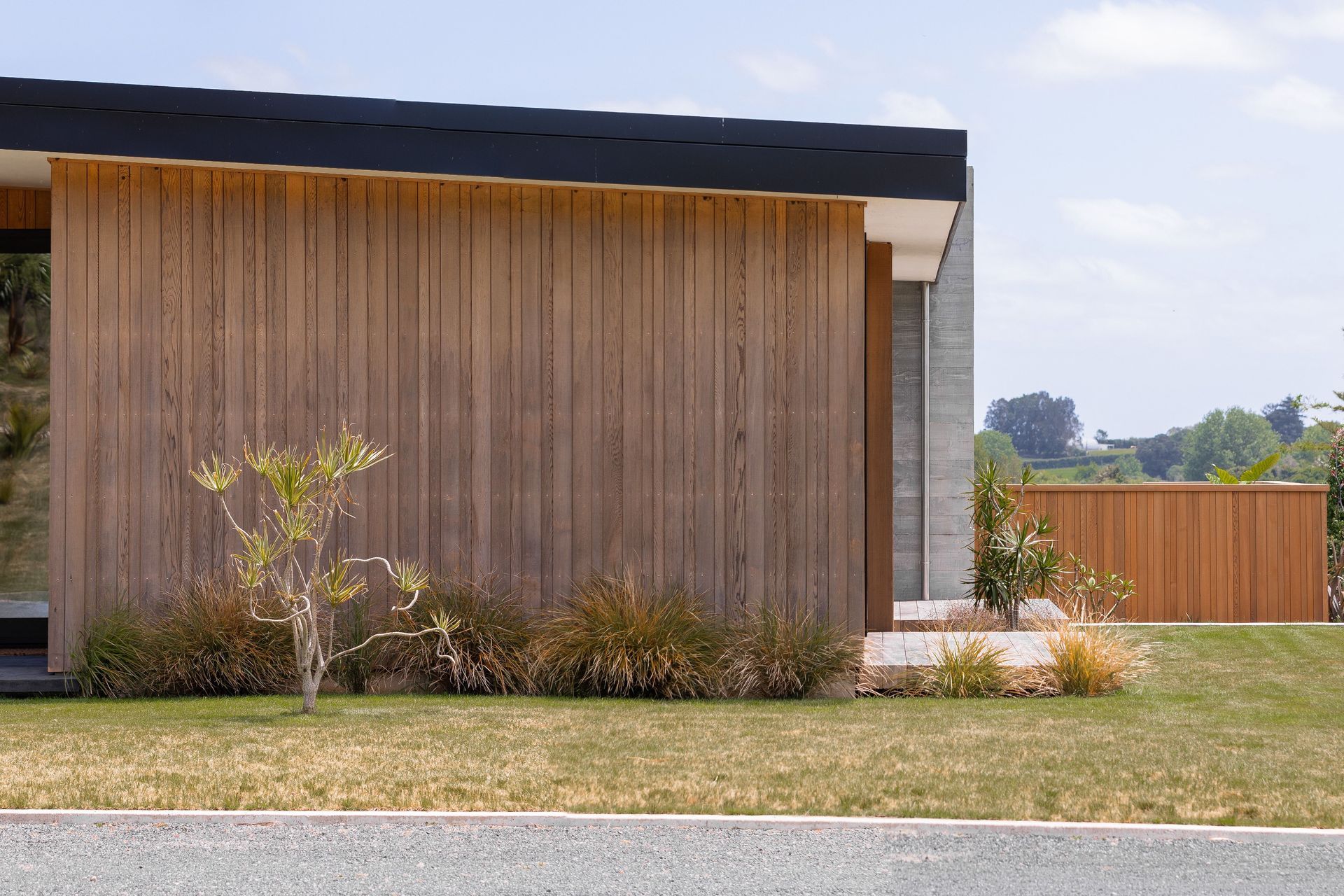 Random width vertical cedar weatherboards feature against the Insitu-concrete elements.