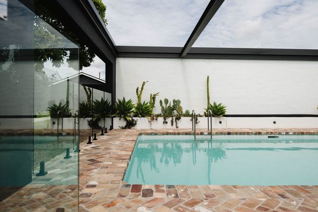 A modern courtyard swimming pool enclosed by white rendered walls and black metal framing. The pool is surrounded by irregular terracotta-toned stone paving, with a frameless glass wall and lush potted succulents and cacti along the perimeter. The open roof structure allows views of the sky, creating a bright indoor-outdoor setting.