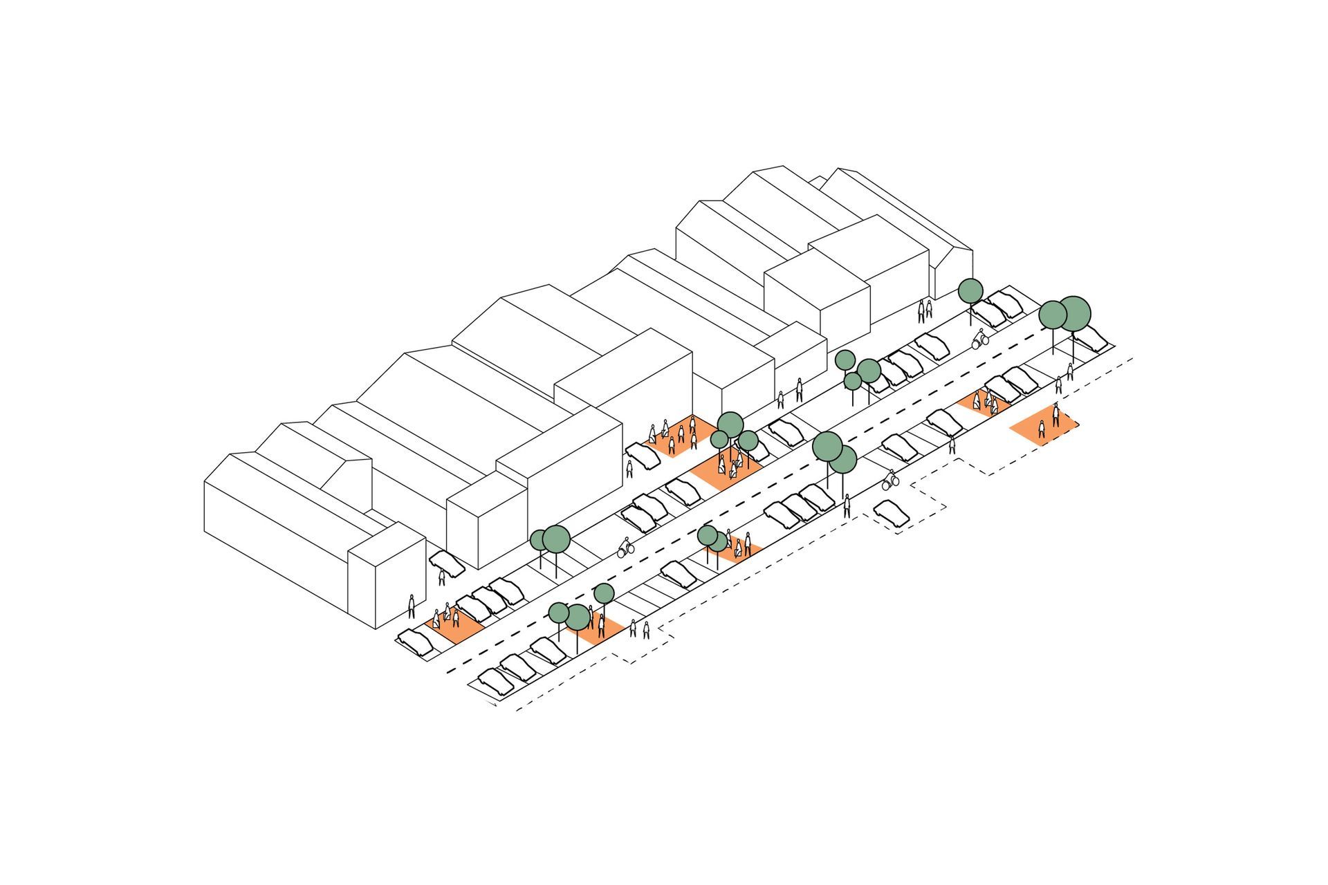 Parking spaces utilised to extend activation into the street at key nodes.