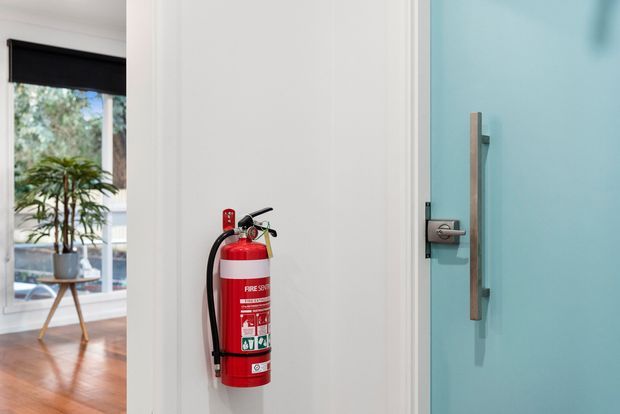 Interior hallway or entry area with a white paneled wall, wall-mounted red fire extinguisher, and a turquoise-blue door with a vertical timber pull handle and metal latch. A bright adjoining room is visible through the opening at left, featuring a large window, indoor plant, and warm timber flooring.