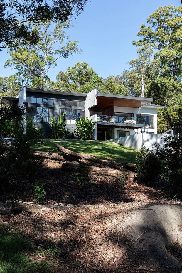 Exterior view of a contemporary multi-level house set into a wooded, sloping site. The home features strong horizontal roof planes, extensive floor-to-ceiling glazing, dark cladding, a large timber-lined soffit, and an elevated balcony or terrace with glass balustrades. Dense eucalyptus-like vegetation surrounds the building, with a landscaped grassy bank and exposed natural ground in the foreground.