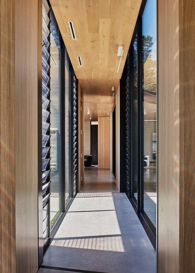 A long, narrow interior passage or glazed corridor with full-height black-framed windows and louvred glazing on both sides. The corridor has a polished concrete floor, warm timber wall and ceiling lining, recessed linear lighting, and strong sunlight casting geometric shadows. Timber joinery and a darker interior space are visible at the far end.