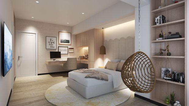 A warm contemporary bedroom with a low upholstered bed, pale timber flooring, a textured round rug, built-in shelving, a compact desk and vanity area, and a sculptural hanging egg chair. Soft recessed and concealed lighting, neutral finishes, and curved wall detailing create a calm, refined interior.
