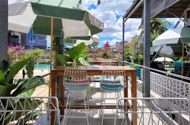 A bright elevated outdoor dining terrace overlooking a landscaped swimming pool area. The space features a timber high table, white wire-frame bar stools, large green-and-white umbrellas, tropical planting, patterned breeze-block screening, and an open steel-framed structure. Urban buildings and blue sky are visible in the background.