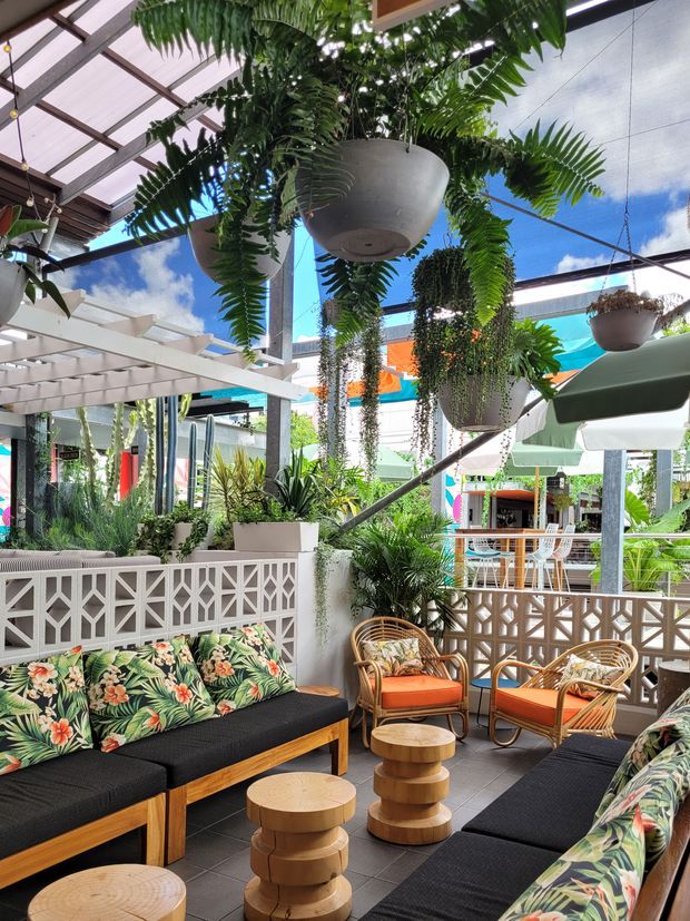 A bright, tropical outdoor lounge or patio dining area beneath a translucent pergola roof. The space features abundant hanging ferns and potted greenery, white breeze-block privacy screens, exposed structural framing, patterned tropical cushions, black upholstered built-in bench seating, rattan armchairs with orange cushions, and sculptural wooden coffee tables. A colourful commercial or hospitality setting is visible beyond the lounge.