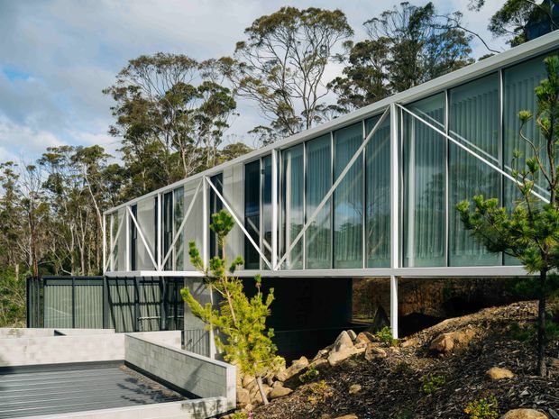 Exterior view of a long, elevated modern residence set into a wooded, sloping site. The building features extensive floor-to-ceiling glazing with vertical blinds, slim white structural framing and diagonal bracing, a dark lower volume, and a contemporary driveway or deck area with a gated entry. Native trees and rocky landscaping surround the structure.