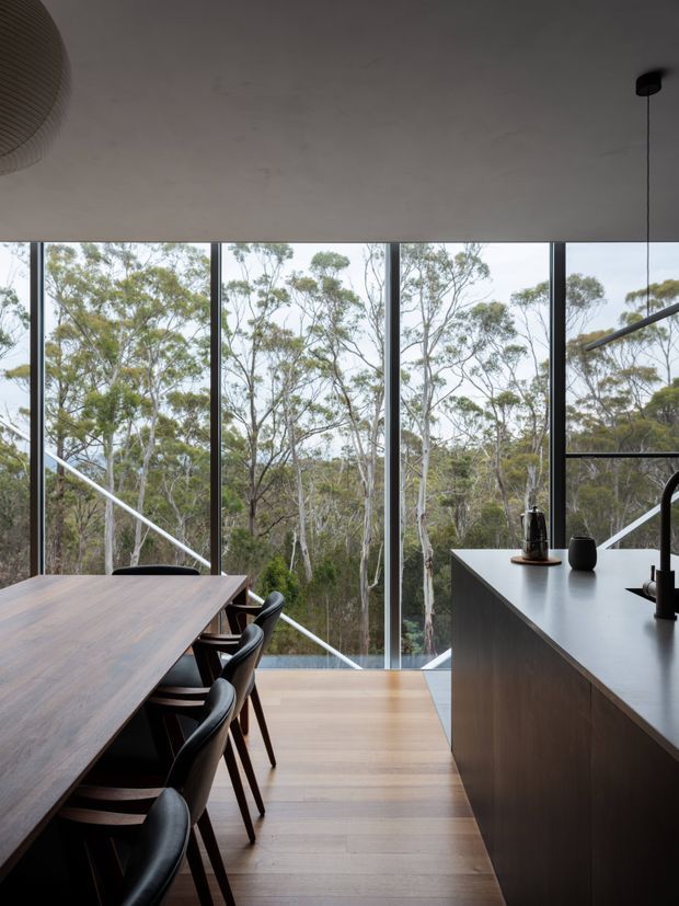 A refined open-plan kitchen and dining area with a long timber dining table and dark upholstered chairs beside a dark island bench. Full-height glazing frames views of a eucalyptus woodland, while pale timber flooring, a minimalist pendant light, and a sculptural ceiling fixture create a calm contemporary interior.