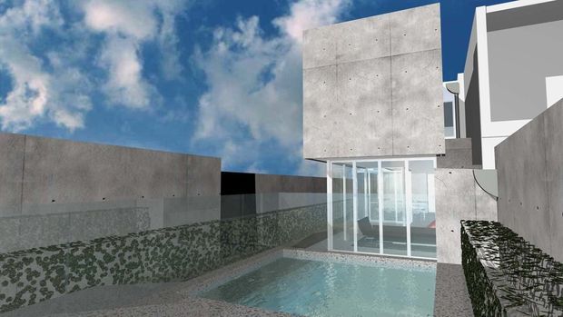A rendered modern residential courtyard viewed from the pool area, featuring stark geometric volumes, exposed concrete walls, extensive floor-to-ceiling glazing, and a compact rectangular swimming pool. The design has a minimalist, sculptural character with a cool grey palette and blue sky visible above.