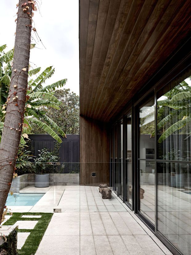 A covered outdoor courtyard beside a contemporary home, featuring a long timber-lined soffit and wall, extensive black-framed floor-to-ceiling glazing, pale large-format tiled paving, a small rectangular pool, tropical planting, and a dark privacy fence. The architecture creates a sheltered indoor-outdoor connection with strong reflections in the glass.