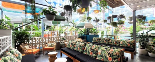 A bright, enclosed outdoor-style lounge or sunroom filled with hanging and potted tropical plants. The space features a large black sectional sofa with lush floral cushions, wicker seating, small timber stools, patterned breeze-block balustrades, extensive glazing, and a partially covered slatted roof. A vivid tropical garden and urban surroundings are visible beyond the enclosure.