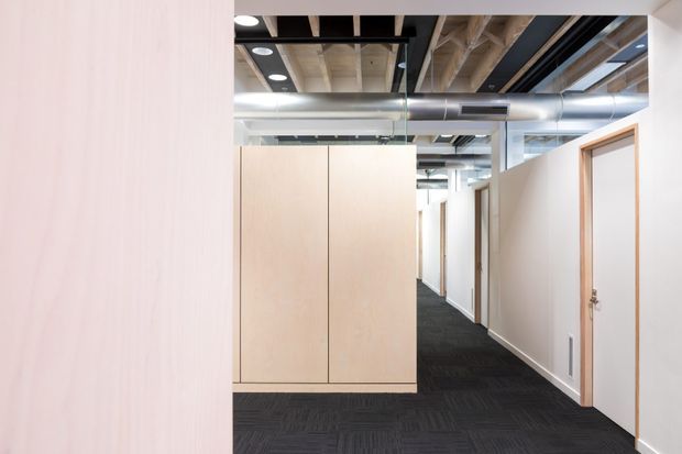 A bright commercial office corridor with an exposed services ceiling, visible timber structure, silver ductwork, recessed lighting, pale wood partition walls, white doors with timber frames, and dark carpet tile flooring. The hallway extends past multiple enclosed rooms and has a clean contemporary workplace fit-out.