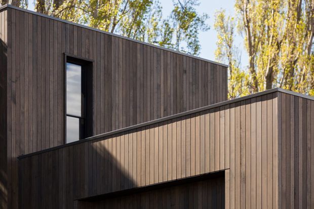 Close-up exterior view of a contemporary building composed of overlapping box-like volumes clad in vertically oriented dark timber boards. A tall narrow black-framed window punctuates the upper wall, while a lower projecting volume creates a sheltered recessed opening. Sunlit deciduous trees are visible behind the structure.