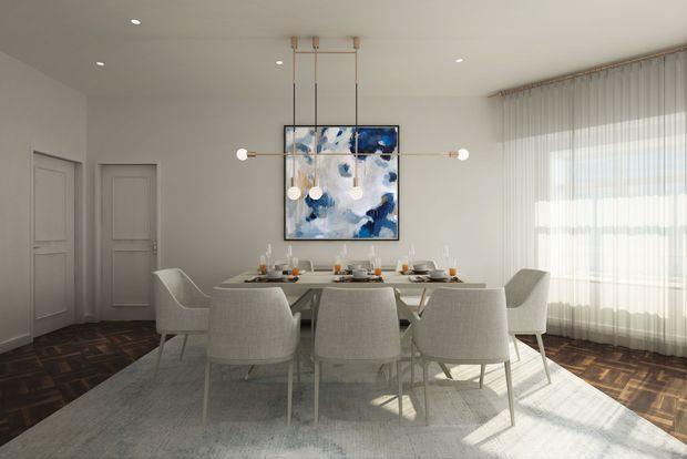 A bright, refined dining room with a long dining table surrounded by upholstered dining chairs. The room has white walls and ceiling, herringbone timber flooring, a large pale area rug, full-height sheer curtains over a broad window, a contemporary linear pendant light, and a blue-and-white abstract artwork.