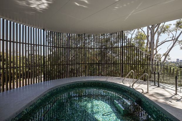 A covered outdoor pool area with a curved pool lined in dark green mosaic tile. Vertical black screening battens enclose the space, while frameless glass balustrades open views toward trees and a distant urban skyline. The ceiling is a smooth light-coloured panelled surface, and stainless-steel pool handrails are visible at the pool edge.