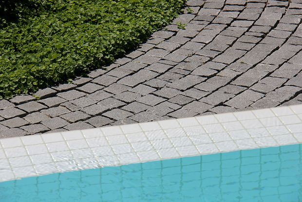 Close-up view of a swimming pool edge with pale square tile coping and turquoise water, bordered by grey interlocking stone paving and dense low green planting.