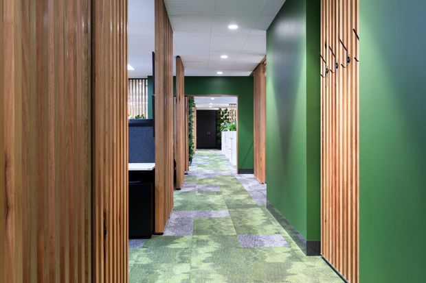 A contemporary commercial corridor with deep green painted walls, extensive vertical timber slat wall panels and integrated coat hooks, and a patterned green and purple carpet tile floor. The corridor leads toward a glazed or open doorway with greenery beyond. Recessed ceiling lights provide even illumination, while timber-framed openings reveal adjacent rooms and built-in joinery.