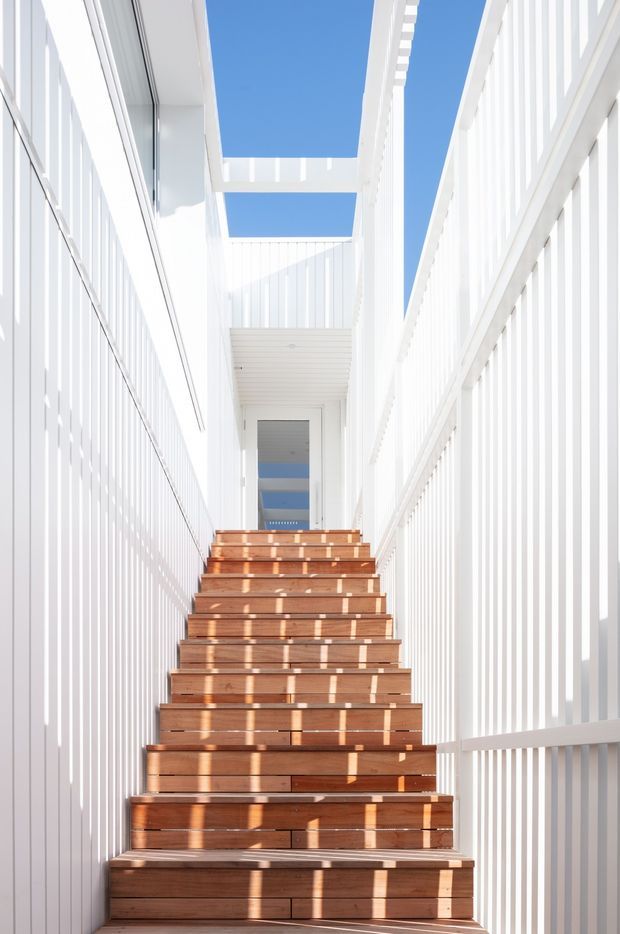 A bright, narrow exterior stairway rises between white vertically slatted walls and balustrades. Warm timber stair treads contrast with the white painted structure, while strong sunlight creates striped shadows and glimpses of blue sky through the open overhead framing. The composition emphasizes a clean, linear, contemporary architectural passage.
