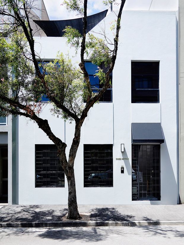 Street-facing view of a narrow contemporary multi-storey building with a crisp white rendered facade, dark framed windows protected by security grilles, a dark entry canopy, and a mature street tree in front. The facade has strong geometric lines and contrasting dark window and roof elements.