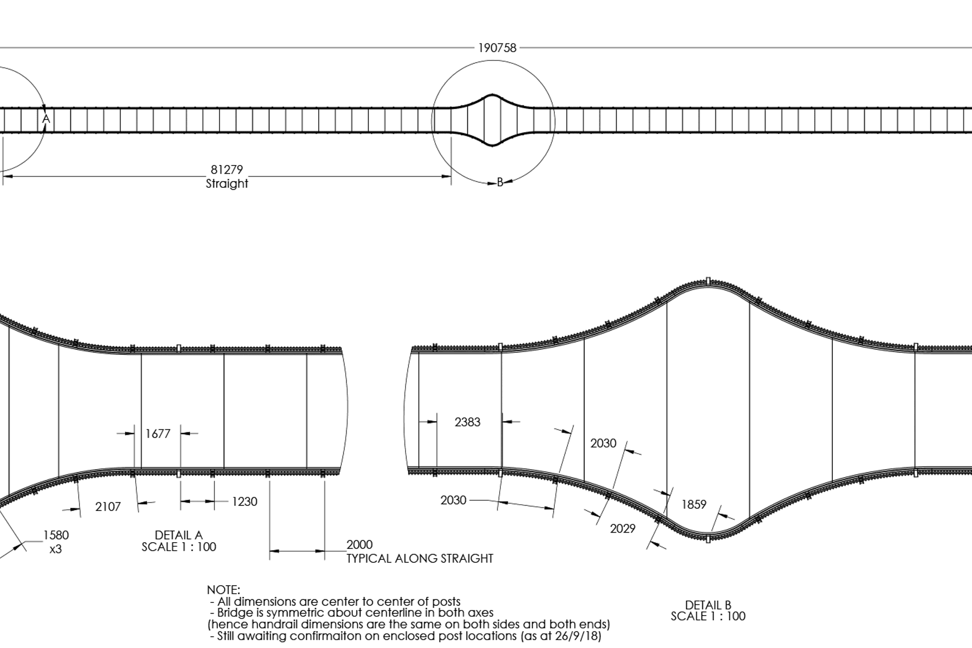 These diagrams show the overall plan view of the bridge and some detail views of the curved parts of the bridge. The curves at the entry and exit of the bridge were achieved by rolling the Richie Rail 26 handrail and extrusion to suit. The curve was gentle enough that the diffuser and LED strip complied to the bend without the need for any modification. The curves at the very centre of the bridge were too tight to bend the Richie Rail 26 to, so the handrails in this area were instead made with standard round tube.