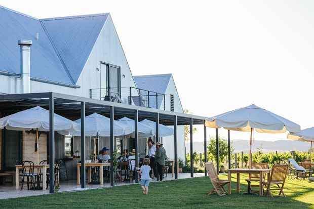Exterior view of a contemporary pitched-roof hospitality or residential building with pale corrugated cladding, extensive glazed openings, and a large covered outdoor terrace. The terrace contains café-style seating, umbrellas, timber tables and chairs, and people, with landscaped lawn and a distant vineyard or rural landscape beyond.
