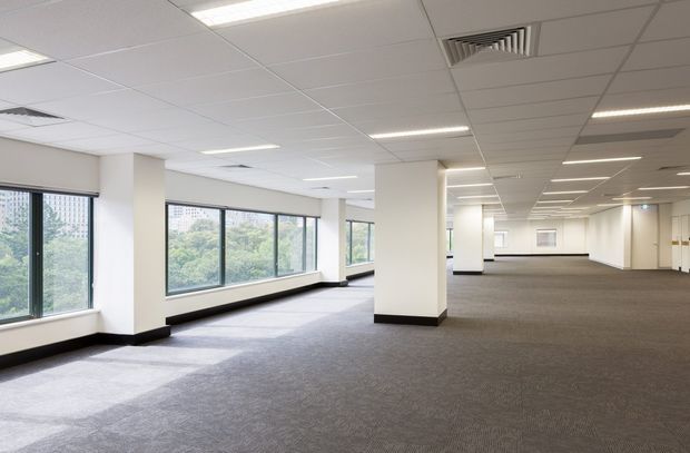 A large, vacant commercial interior with an open-plan layout, grey carpet flooring, white painted walls and square columns, suspended acoustic ceiling tiles, recessed fluorescent lighting, and exposed HVAC vents. Floor-to-ceiling windows line the left side, providing abundant natural light and views of trees and neighbouring buildings. The space appears suitable for office use.