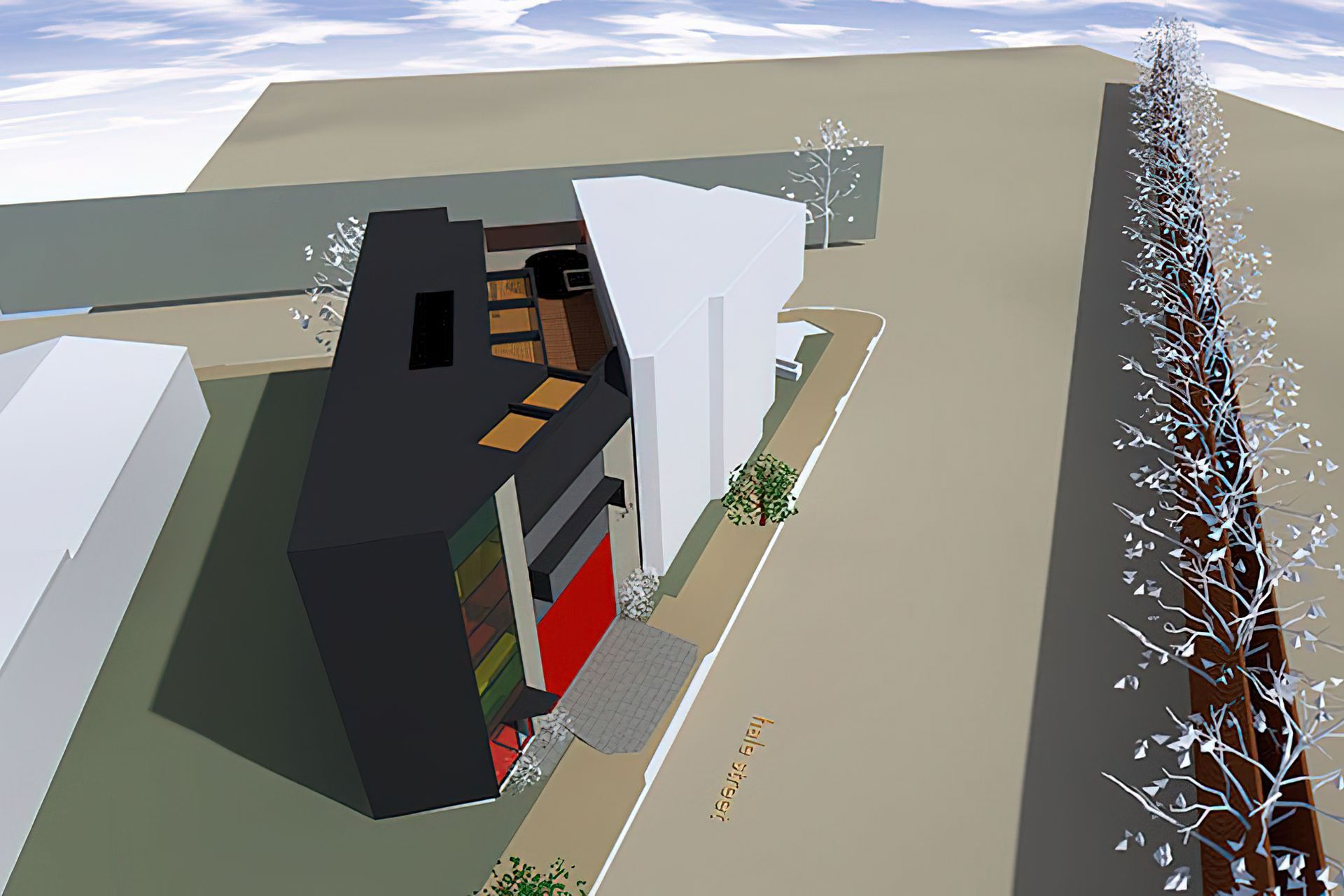 New building wraps into and behind existing corner building, also designed by us