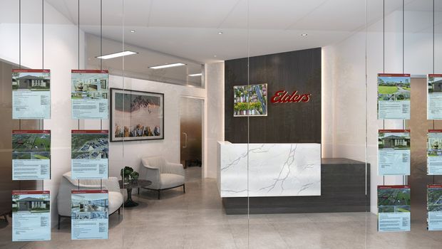 A contemporary commercial reception area viewed through full-height glass, featuring a white marble-look reception desk against a dark textured feature wall with illuminated red lettering, framed artwork, lounge seating, polished concrete-look flooring, and property brochures displayed on the glazing.
