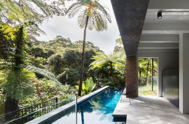 A covered outdoor terrace beside a narrow elevated swimming pool, opening onto dense lush vegetation. The space features a smooth concrete terrace and soffit, dark brick and painted structural walls, slim black railings, clear glass pool balustrading, and a full-height opening toward the garden. The image has a contemporary, tropical setting with strong indoor-outdoor connection and abundant natural greenery.