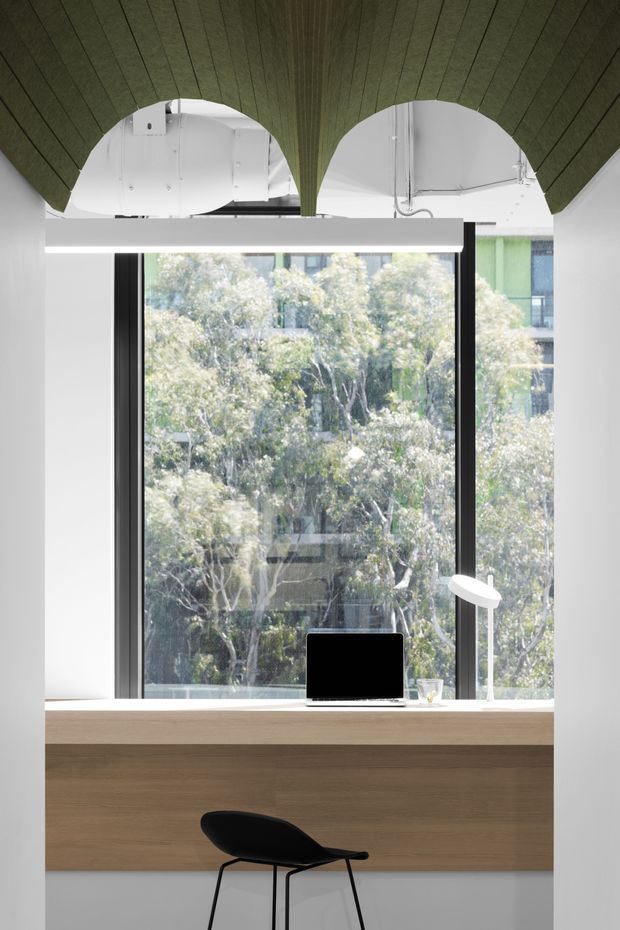 A compact, minimalist home office positioned at a large floor-to-ceiling window. The space features a pale timber built-in desk with white surfaces and cabinetry, a black desk chair, a slim white task lamp, and a distinctive curved green acoustic ceiling treatment with scalloped openings. Abundant daylight and views of leafy trees create a calm, airy workspace.