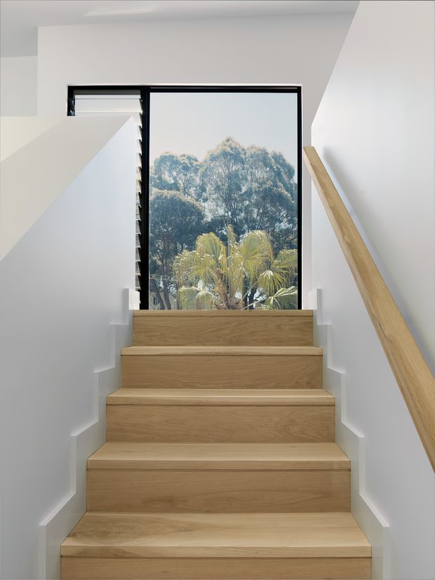 A bright, minimalist interior stairway viewed looking upward toward a tall window. The staircase has broad light timber treads and risers, white walls, and a matching timber handrail along the right wall. A black-framed window at the landing provides a view of trees and palms outside.