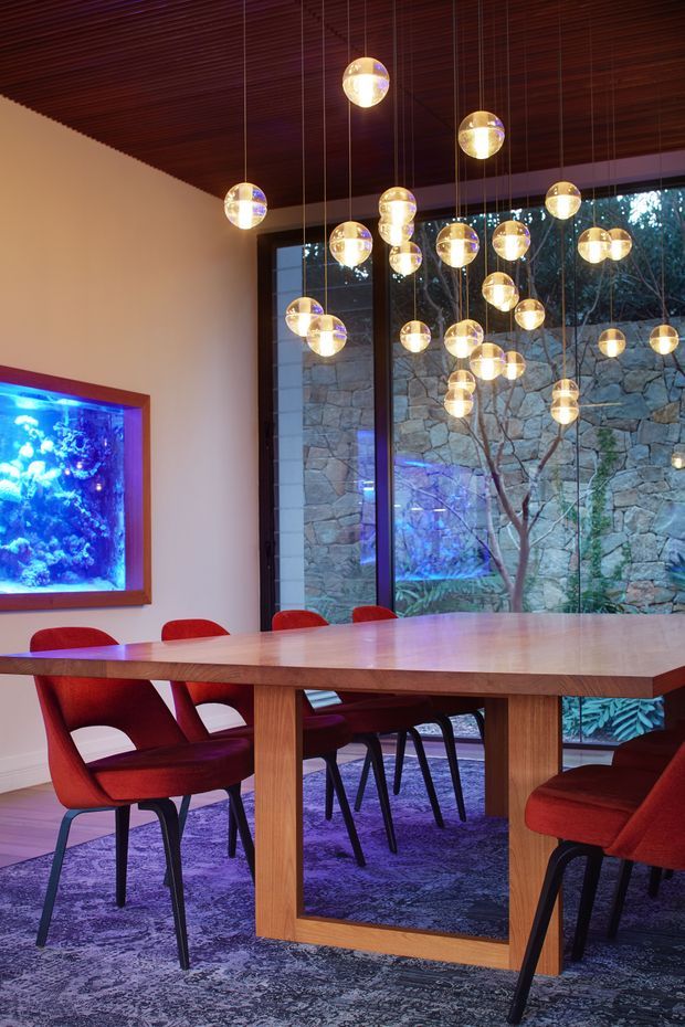 A contemporary dining room with a large rectangular timber dining table surrounded by red upholstered chairs. A dramatic cluster of spherical pendant lights hangs from a dark timber slatted ceiling. Full-height glazing looks onto a stone feature wall and landscaped area, while a vivid blue aquarium is built into the adjacent wall. A patterned dark rug anchors the dining setting.