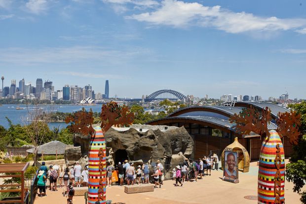 A sunny elevated outdoor viewpoint overlooking a zoo or cultural attraction, with colourful striped animal sculptures framing a rocky exhibit and visitors below. Sydney Harbour, the city skyline, harbour water, and the Harbour Bridge are clearly visible in the background. Curved modern shelter roofs and landscaped planting occupy the midground.