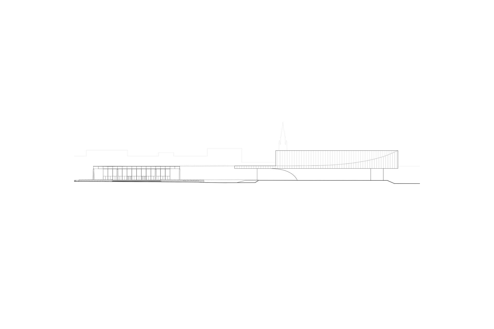 Elevation - the geometry sweeps upward from the Neue Nationalgalerie roof alignment