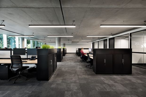A contemporary open-plan commercial office with rows of workstations, black privacy screens and storage cabinets, ergonomic office chairs, glass-partitioned meeting rooms, and linear suspended lighting. The space has a raw concrete ceiling, dark carpet flooring, and abundant glazing with greenery visible outside.